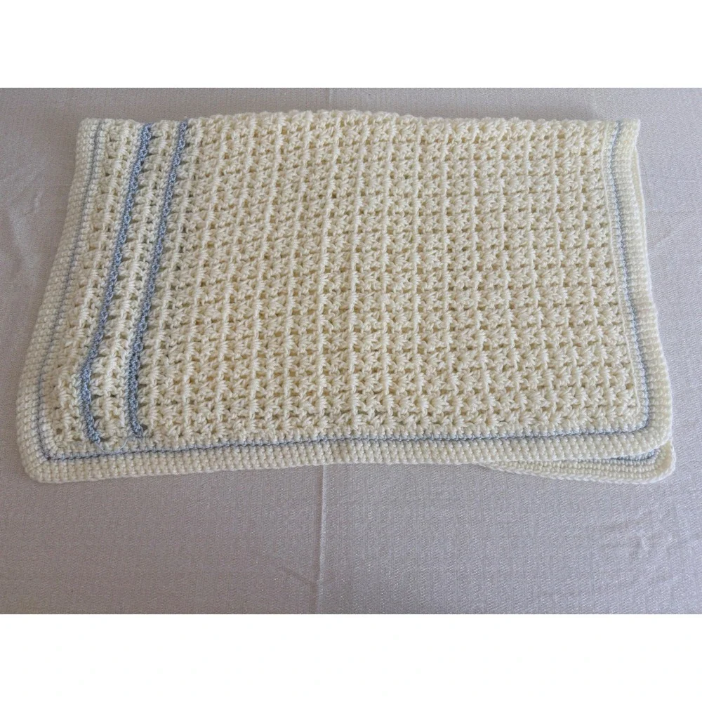 Handmade Crochet Baby Blanket 30x32 Cream Blue Excellent Striped Knit